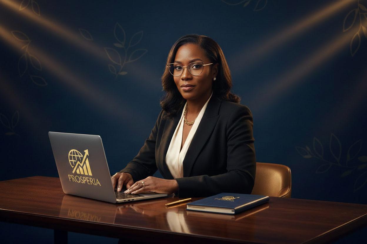 Deborah - CEO Woman with Glasses and Prosperia Logo